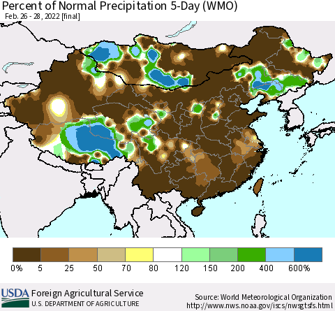 China, Mongolia and Taiwan Percent of Normal Precipitation 5-Day (WMO) Thematic Map For 2/26/2022 - 2/28/2022