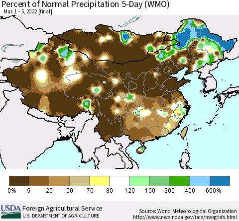 China, Mongolia and Taiwan Percent of Normal Precipitation 5-Day (WMO) Thematic Map For 3/1/2022 - 3/5/2022