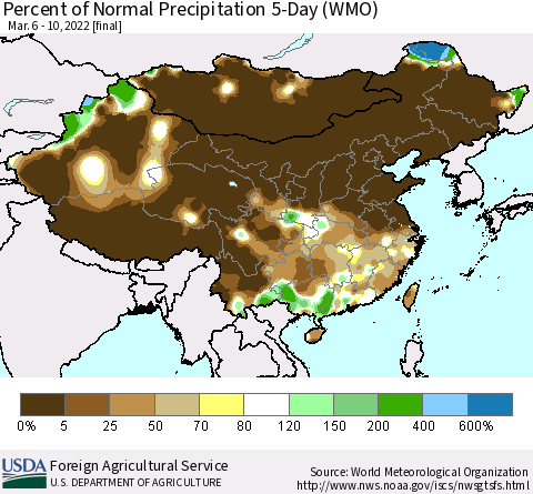 China, Mongolia and Taiwan Percent of Normal Precipitation 5-Day (WMO) Thematic Map For 3/6/2022 - 3/10/2022