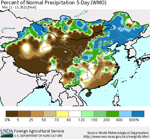 China, Mongolia and Taiwan Percent of Normal Precipitation 5-Day (WMO) Thematic Map For 3/11/2022 - 3/15/2022