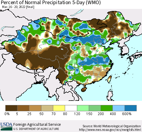 China, Mongolia and Taiwan Percent of Normal Precipitation 5-Day (WMO) Thematic Map For 3/16/2022 - 3/20/2022