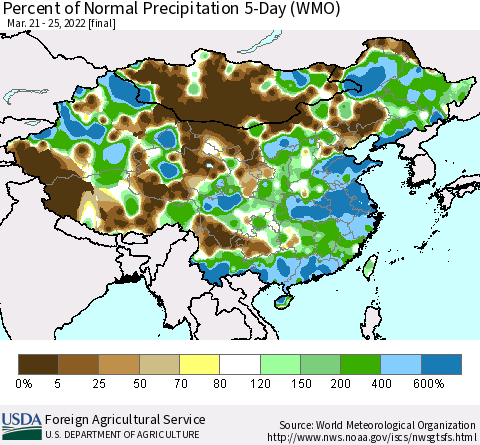 China, Mongolia and Taiwan Percent of Normal Precipitation 5-Day (WMO) Thematic Map For 3/21/2022 - 3/25/2022