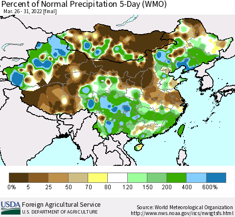 China, Mongolia and Taiwan Percent of Normal Precipitation 5-Day (WMO) Thematic Map For 3/26/2022 - 3/31/2022