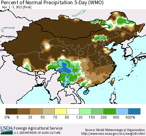 China, Mongolia and Taiwan Percent of Normal Precipitation 5-Day (WMO) Thematic Map For 4/1/2022 - 4/5/2022