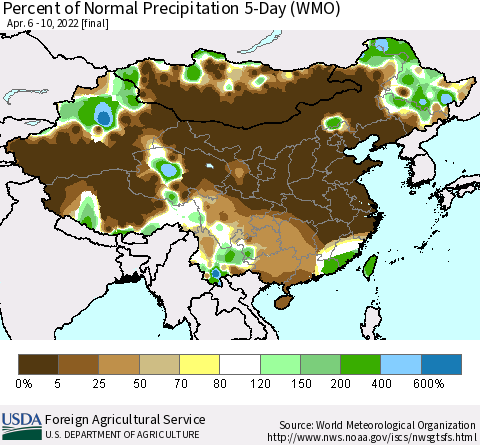 China, Mongolia and Taiwan Percent of Normal Precipitation 5-Day (WMO) Thematic Map For 4/6/2022 - 4/10/2022