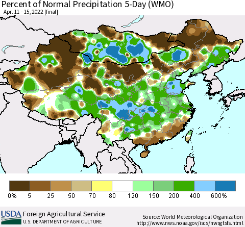 China, Mongolia and Taiwan Percent of Normal Precipitation 5-Day (WMO) Thematic Map For 4/11/2022 - 4/15/2022