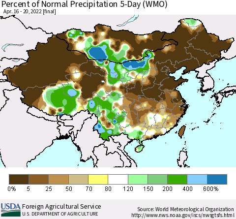 China, Mongolia and Taiwan Percent of Normal Precipitation 5-Day (WMO) Thematic Map For 4/16/2022 - 4/20/2022