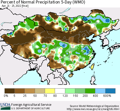 China, Mongolia and Taiwan Percent of Normal Precipitation 5-Day (WMO) Thematic Map For 4/21/2022 - 4/25/2022