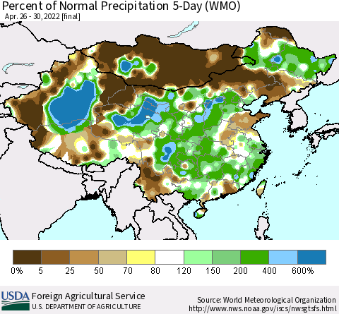 China, Mongolia and Taiwan Percent of Normal Precipitation 5-Day (WMO) Thematic Map For 4/26/2022 - 4/30/2022