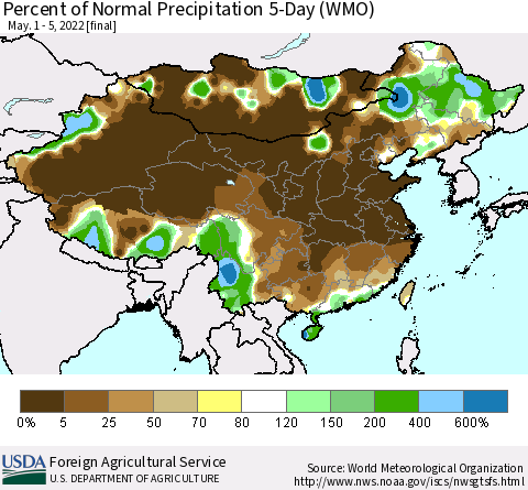 China, Mongolia and Taiwan Percent of Normal Precipitation 5-Day (WMO) Thematic Map For 5/1/2022 - 5/5/2022