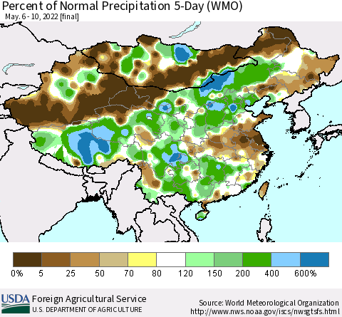 China, Mongolia and Taiwan Percent of Normal Precipitation 5-Day (WMO) Thematic Map For 5/6/2022 - 5/10/2022