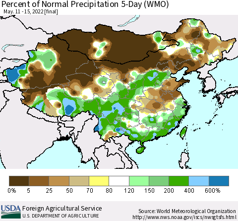 China, Mongolia and Taiwan Percent of Normal Precipitation 5-Day (WMO) Thematic Map For 5/11/2022 - 5/15/2022
