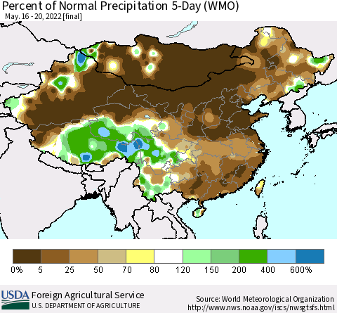 China, Mongolia and Taiwan Percent of Normal Precipitation 5-Day (WMO) Thematic Map For 5/16/2022 - 5/20/2022