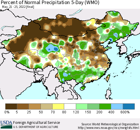 China, Mongolia and Taiwan Percent of Normal Precipitation 5-Day (WMO) Thematic Map For 5/21/2022 - 5/25/2022