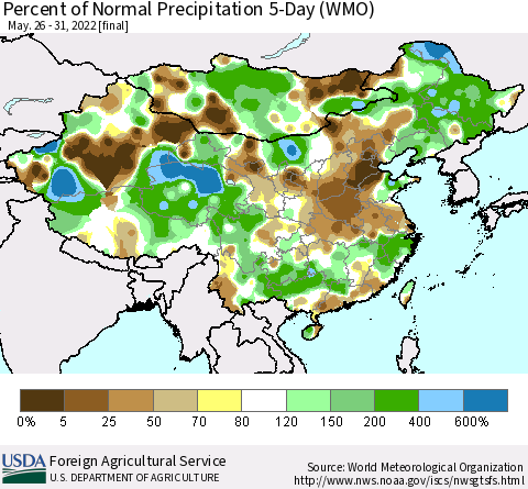 China, Mongolia and Taiwan Percent of Normal Precipitation 5-Day (WMO) Thematic Map For 5/26/2022 - 5/31/2022