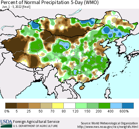 China, Mongolia and Taiwan Percent of Normal Precipitation 5-Day (WMO) Thematic Map For 6/1/2022 - 6/5/2022