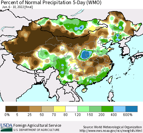China, Mongolia and Taiwan Percent of Normal Precipitation 5-Day (WMO) Thematic Map For 6/6/2022 - 6/10/2022