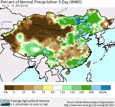 China, Mongolia and Taiwan Percent of Normal Precipitation 5-Day (WMO) Thematic Map For 6/11/2022 - 6/15/2022