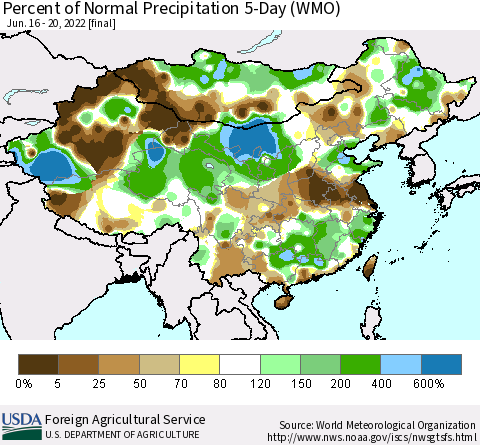 China, Mongolia and Taiwan Percent of Normal Precipitation 5-Day (WMO) Thematic Map For 6/16/2022 - 6/20/2022