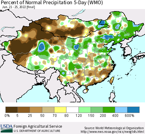 China, Mongolia and Taiwan Percent of Normal Precipitation 5-Day (WMO) Thematic Map For 6/21/2022 - 6/25/2022