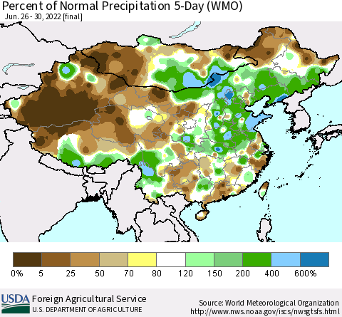 China, Mongolia and Taiwan Percent of Normal Precipitation 5-Day (WMO) Thematic Map For 6/26/2022 - 6/30/2022