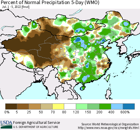 China, Mongolia and Taiwan Percent of Normal Precipitation 5-Day (WMO) Thematic Map For 7/1/2022 - 7/5/2022