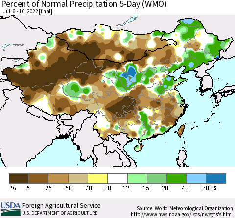 China, Mongolia and Taiwan Percent of Normal Precipitation 5-Day (WMO) Thematic Map For 7/6/2022 - 7/10/2022