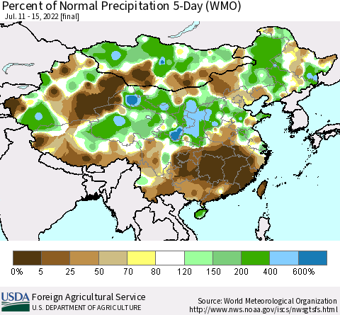 China, Mongolia and Taiwan Percent of Normal Precipitation 5-Day (WMO) Thematic Map For 7/11/2022 - 7/15/2022