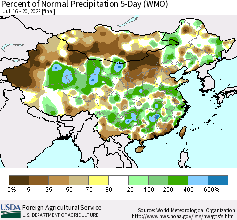 China, Mongolia and Taiwan Percent of Normal Precipitation 5-Day (WMO) Thematic Map For 7/16/2022 - 7/20/2022