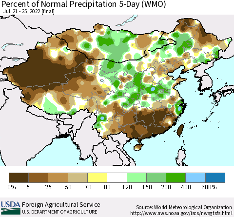 China, Mongolia and Taiwan Percent of Normal Precipitation 5-Day (WMO) Thematic Map For 7/21/2022 - 7/25/2022