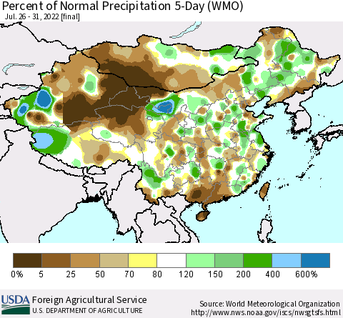 China, Mongolia and Taiwan Percent of Normal Precipitation 5-Day (WMO) Thematic Map For 7/26/2022 - 7/31/2022