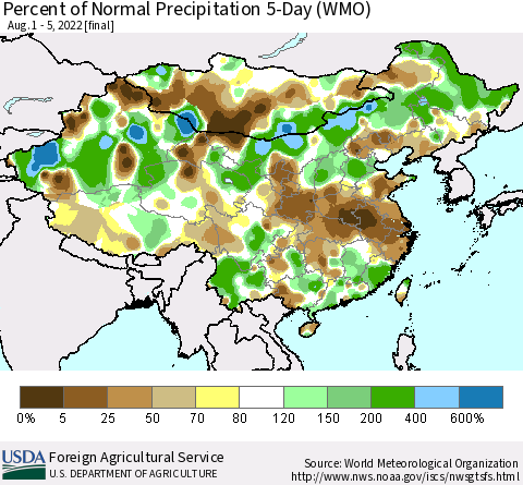 China, Mongolia and Taiwan Percent of Normal Precipitation 5-Day (WMO) Thematic Map For 8/1/2022 - 8/5/2022
