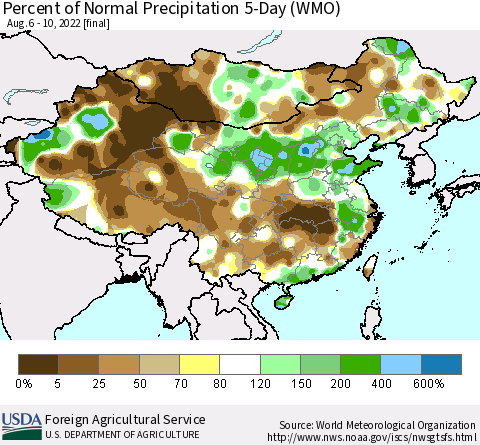 China, Mongolia and Taiwan Percent of Normal Precipitation 5-Day (WMO) Thematic Map For 8/6/2022 - 8/10/2022