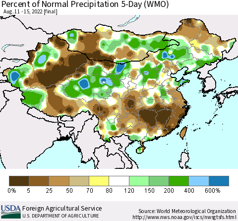 China, Mongolia and Taiwan Percent of Normal Precipitation 5-Day (WMO) Thematic Map For 8/11/2022 - 8/15/2022