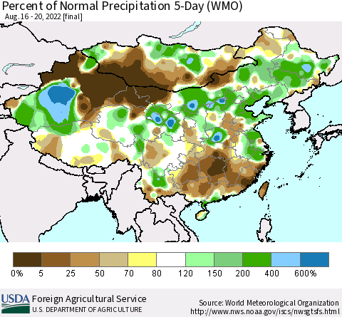 China, Mongolia and Taiwan Percent of Normal Precipitation 5-Day (WMO) Thematic Map For 8/16/2022 - 8/20/2022