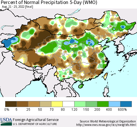 China, Mongolia and Taiwan Percent of Normal Precipitation 5-Day (WMO) Thematic Map For 8/21/2022 - 8/25/2022