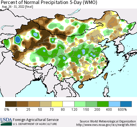 China, Mongolia and Taiwan Percent of Normal Precipitation 5-Day (WMO) Thematic Map For 8/26/2022 - 8/31/2022