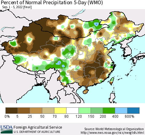 China, Mongolia and Taiwan Percent of Normal Precipitation 5-Day (WMO) Thematic Map For 9/1/2022 - 9/5/2022