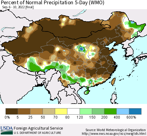 China, Mongolia and Taiwan Percent of Normal Precipitation 5-Day (WMO) Thematic Map For 9/6/2022 - 9/10/2022