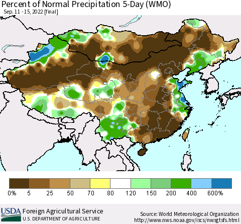 China, Mongolia and Taiwan Percent of Normal Precipitation 5-Day (WMO) Thematic Map For 9/11/2022 - 9/15/2022
