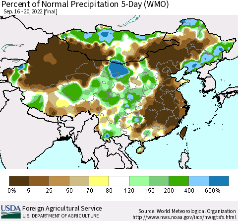 China, Mongolia and Taiwan Percent of Normal Precipitation 5-Day (WMO) Thematic Map For 9/16/2022 - 9/20/2022