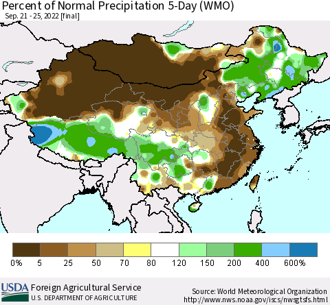 China, Mongolia and Taiwan Percent of Normal Precipitation 5-Day (WMO) Thematic Map For 9/21/2022 - 9/25/2022