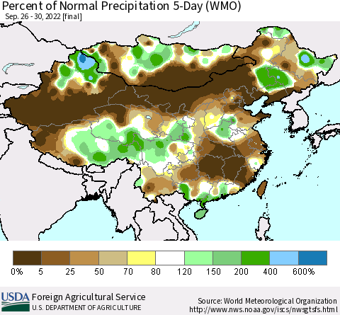 China, Mongolia and Taiwan Percent of Normal Precipitation 5-Day (WMO) Thematic Map For 9/26/2022 - 9/30/2022