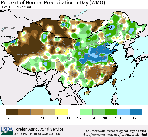 China, Mongolia and Taiwan Percent of Normal Precipitation 5-Day (WMO) Thematic Map For 10/1/2022 - 10/5/2022