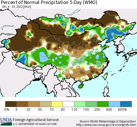 China, Mongolia and Taiwan Percent of Normal Precipitation 5-Day (WMO) Thematic Map For 10/6/2022 - 10/10/2022
