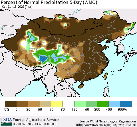 China, Mongolia and Taiwan Percent of Normal Precipitation 5-Day (WMO) Thematic Map For 10/11/2022 - 10/15/2022