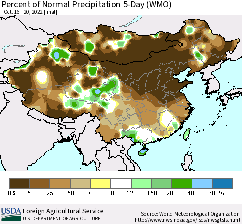China, Mongolia and Taiwan Percent of Normal Precipitation 5-Day (WMO) Thematic Map For 10/16/2022 - 10/20/2022