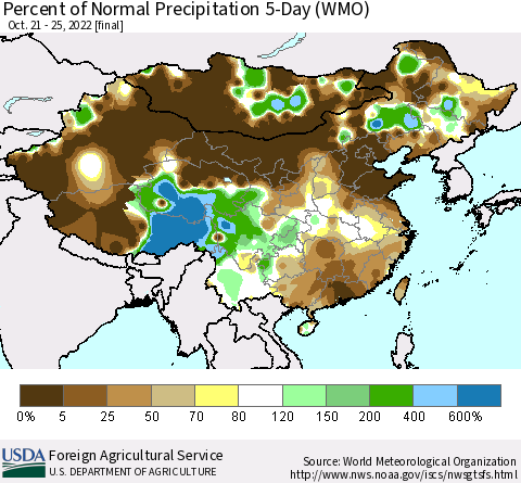 China, Mongolia and Taiwan Percent of Normal Precipitation 5-Day (WMO) Thematic Map For 10/21/2022 - 10/25/2022