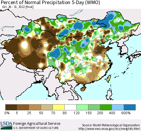 China, Mongolia and Taiwan Percent of Normal Precipitation 5-Day (WMO) Thematic Map For 10/26/2022 - 10/31/2022