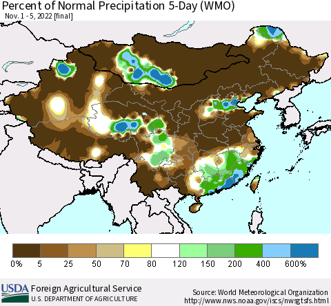 China, Mongolia and Taiwan Percent of Normal Precipitation 5-Day (WMO) Thematic Map For 11/1/2022 - 11/5/2022